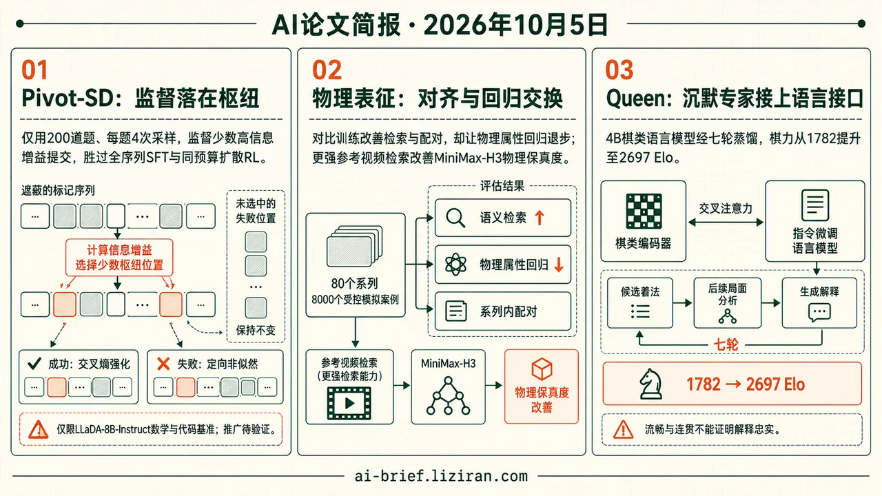 Pivot-SD在LLaDA-8B-Instruct上以200题、每题4次采样胜过全序列SFT,Queen七轮从1782升至2697